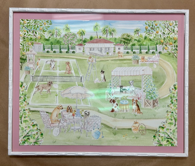 Dog and garden watercolor in a white bamboo frame with a pink mat