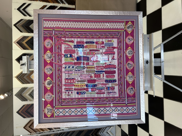 Framed pink silk scarf